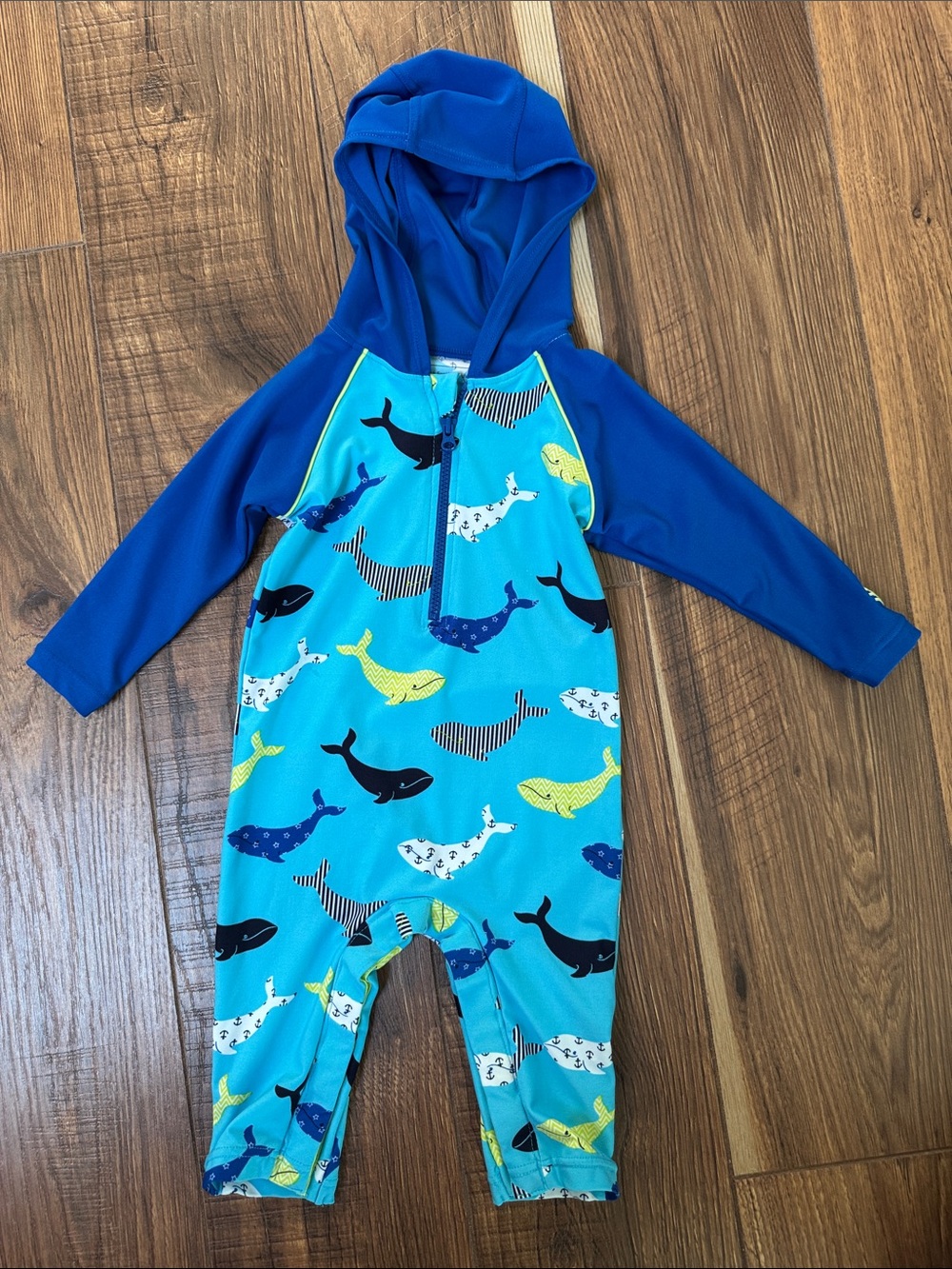 EUC Coolibar Blue & Turquoise Whale Print Kids Rashguard One-Piece